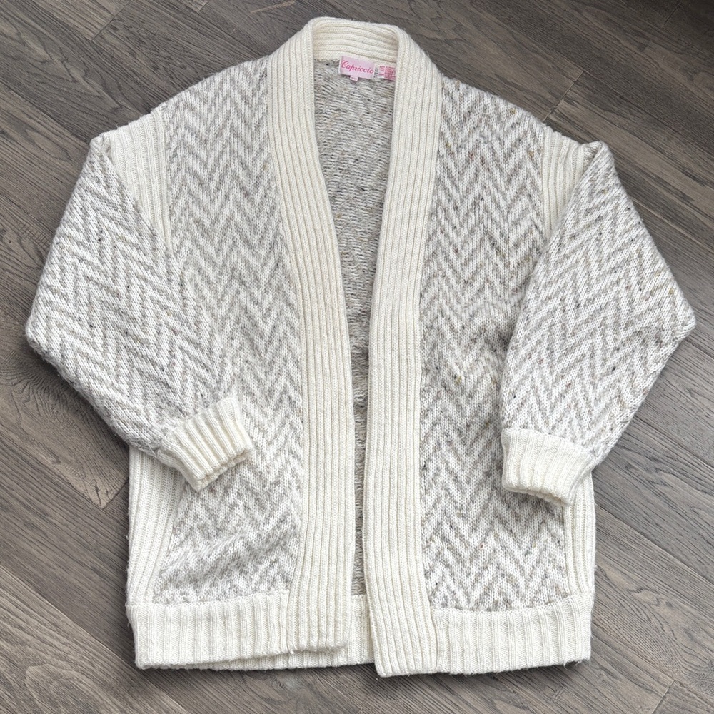Capriccio |Vintage Off White and Gray Chevron Open-Front Knit Cardigan Sz Medium